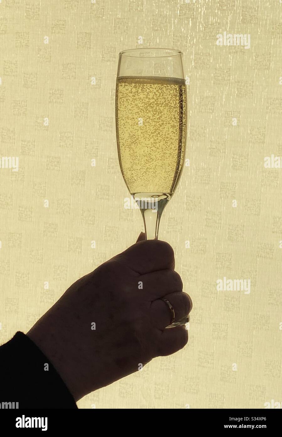 Person holding up a flute glass of champagne backlit by sunlight - Smartphone Captured Stock Image