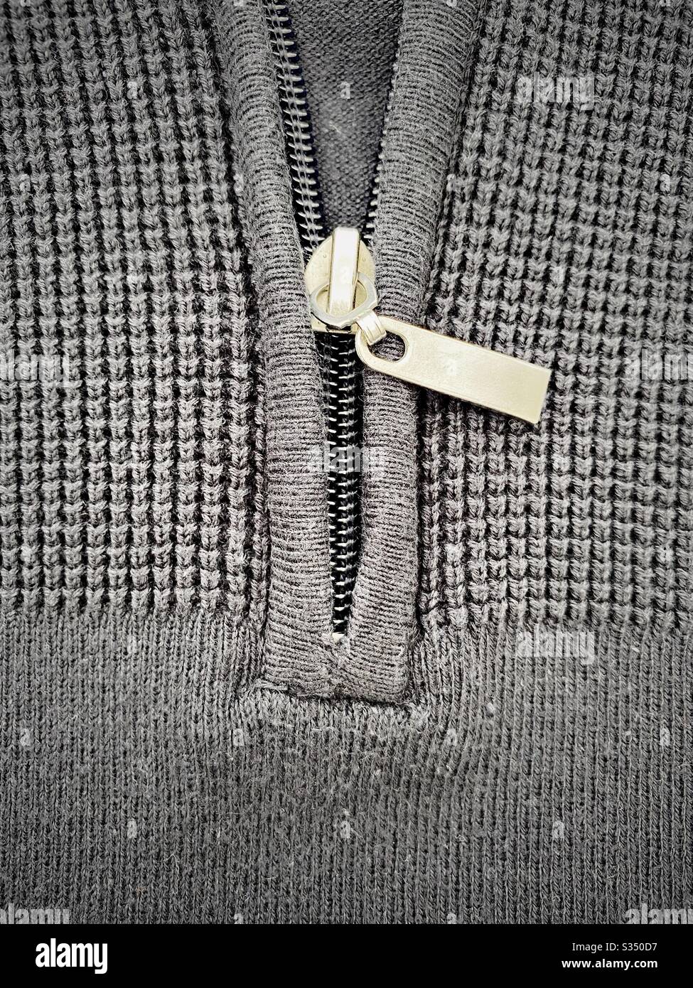 Closeup details of a menswear jumper. Textured pattern background with zip - Smartphone Captured Stock Image