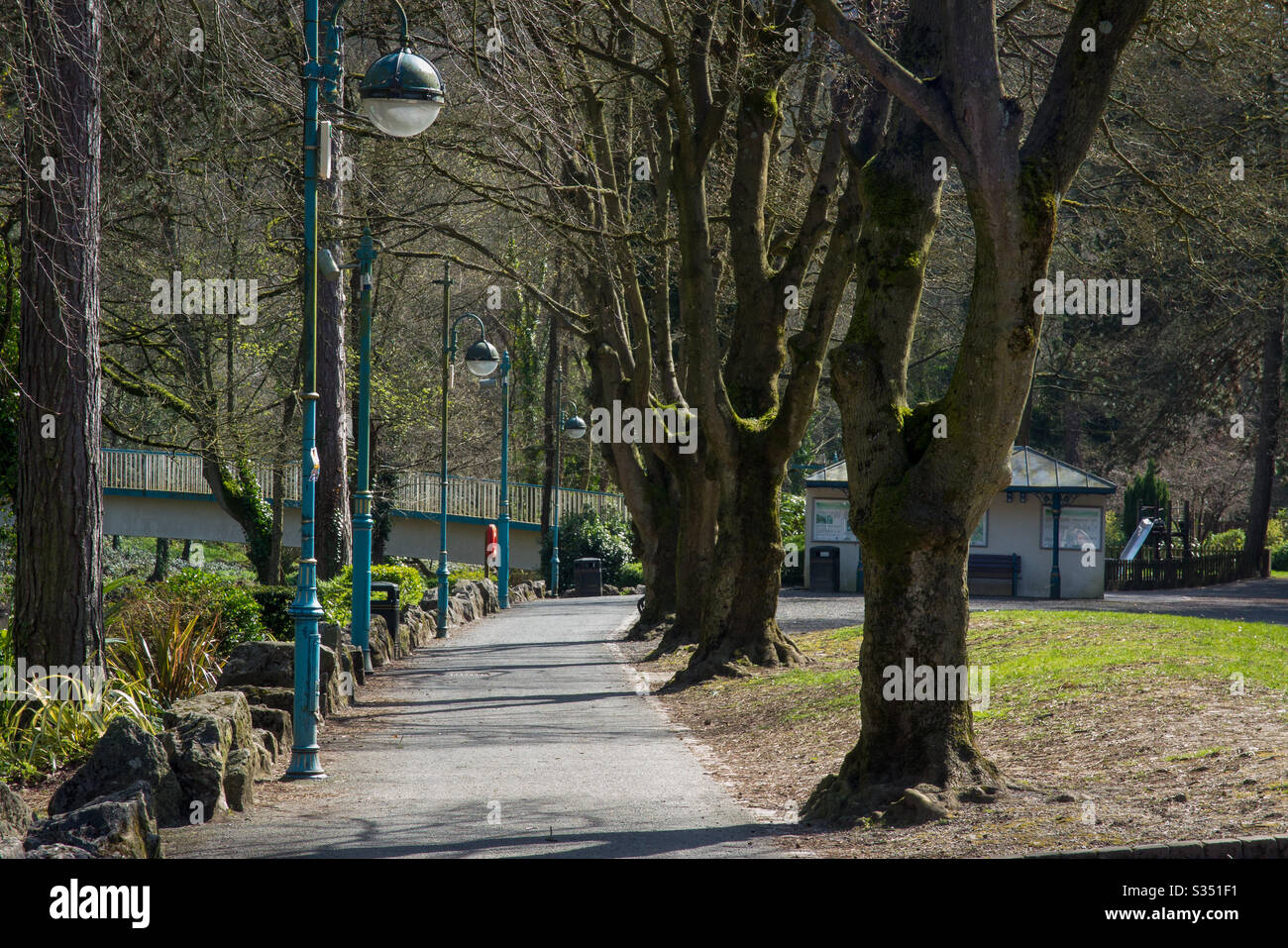 Matlock Bath Derbyshire UK 7 April 2020 - Empty scene at Derwent Gardens in the normally busy Peak District tourist village of Matlock Bath. Visitors are following official advice and keeping away. - Smartphone Captured Stock Image