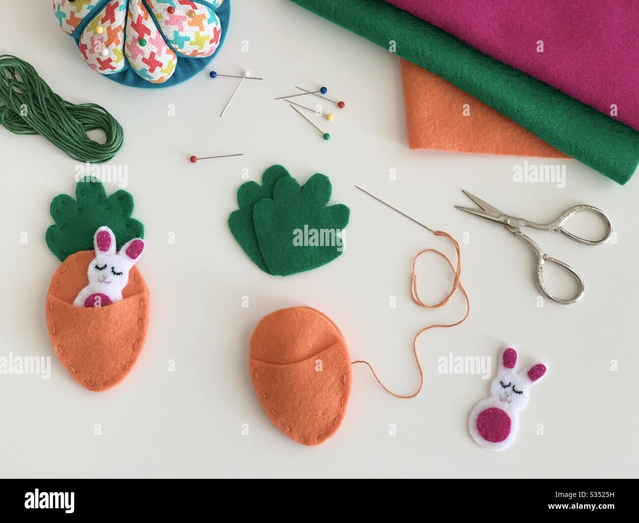 Easter crafting with felt bunny & carrot Stock Photo
