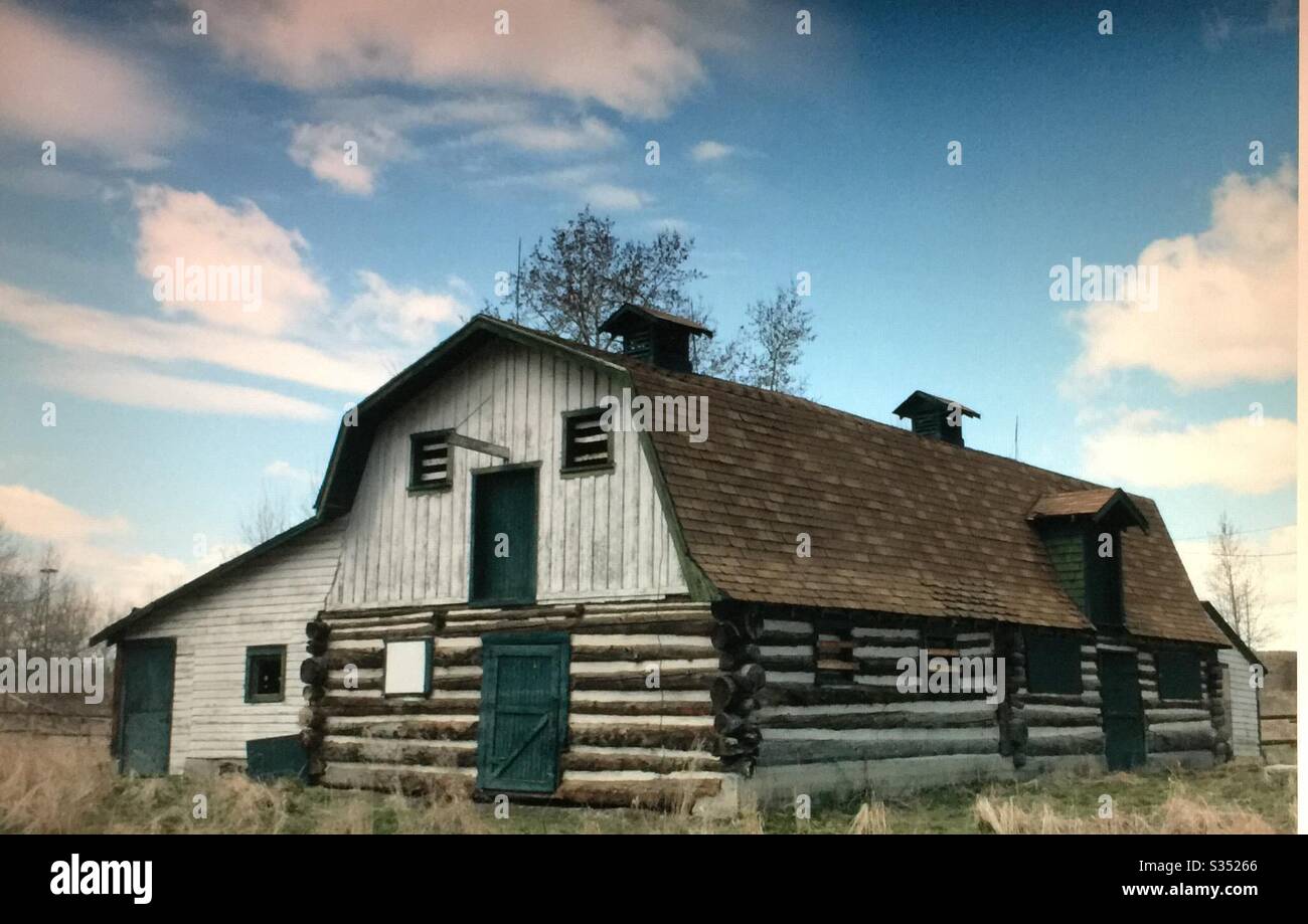 Old farmyard barns, agriculture, country life, wooden, structures,  Alberta, Canada, log barn - Smartphone Captured Stock Image