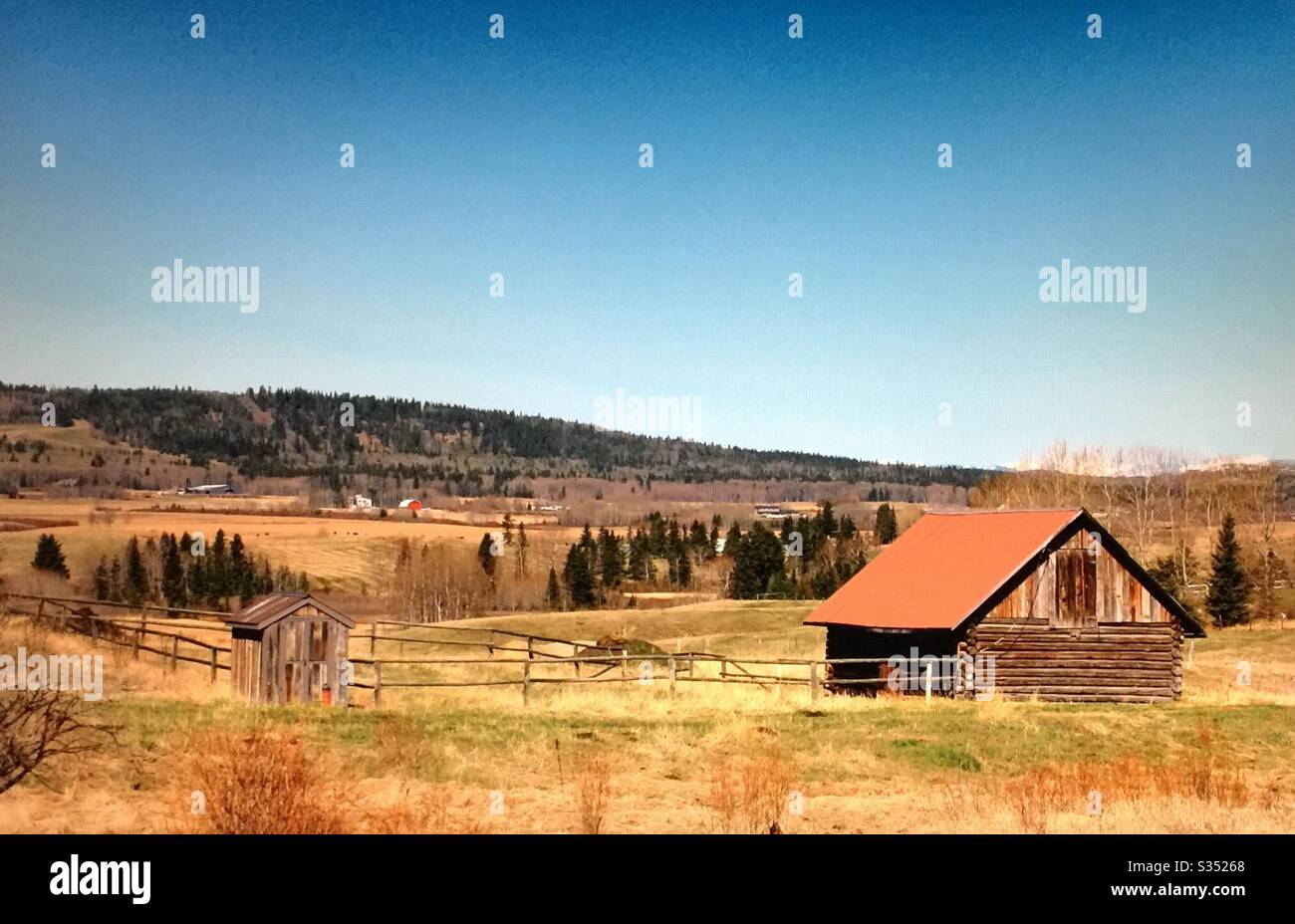 Old farmyard barns, agriculture, country life, wooden, structures,  Alberta, Canada, log barn, woods, foothills, trees,Pole fence, foothills, - Smartphone Captured Stock Image