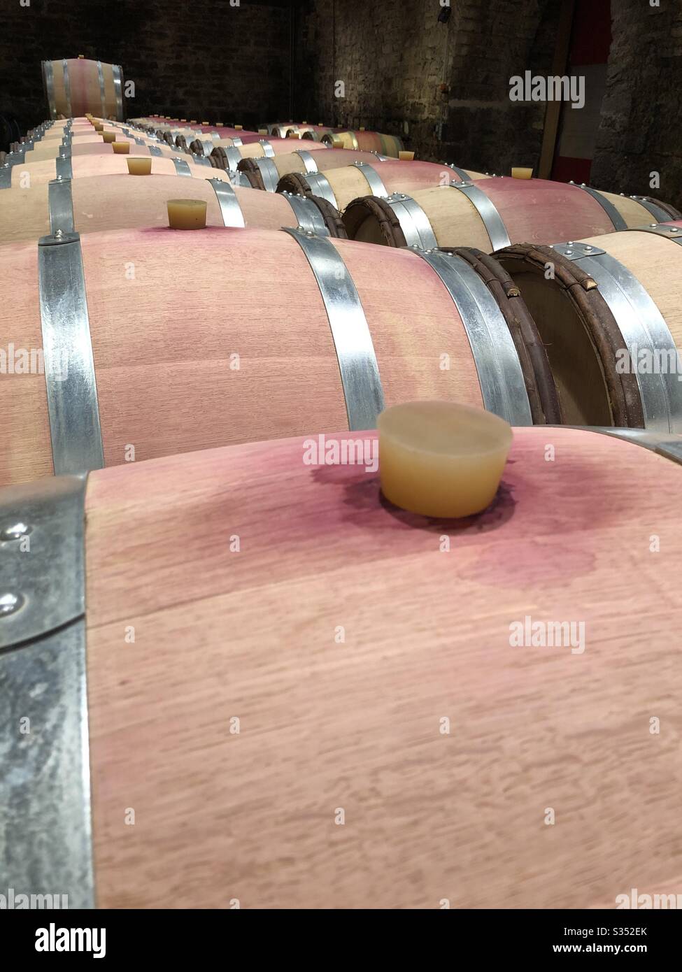 Wine barrels at chateau de Santenay, Burgundy, France Stock Photo