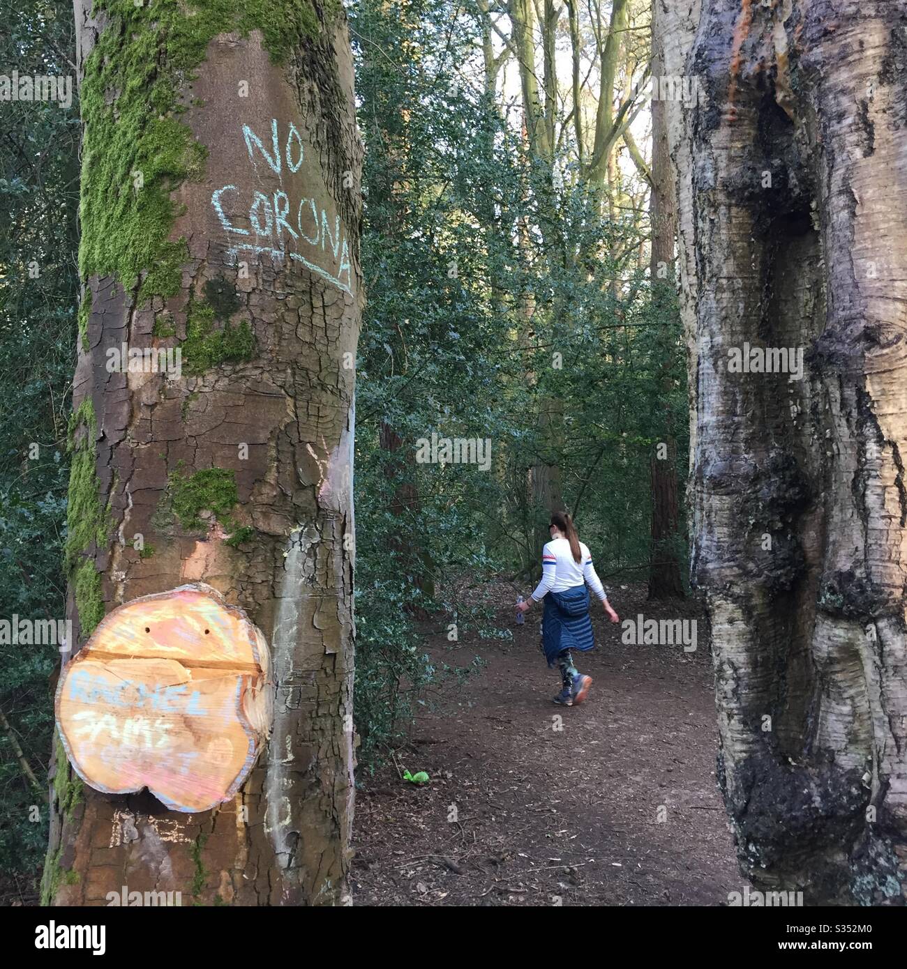 ‘No Corona’ chalk graffiti in forest as jogger runs by - Smartphone Captured Stock Image