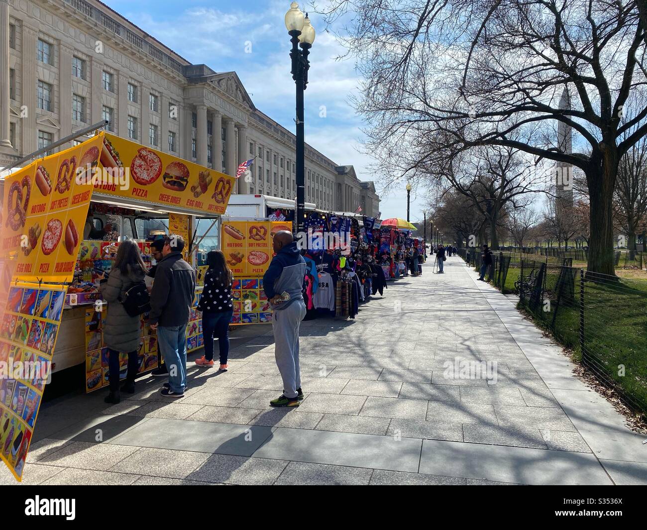 Food and Souvenir vendors lined up along the Elipse in Washington DC Stock Photo