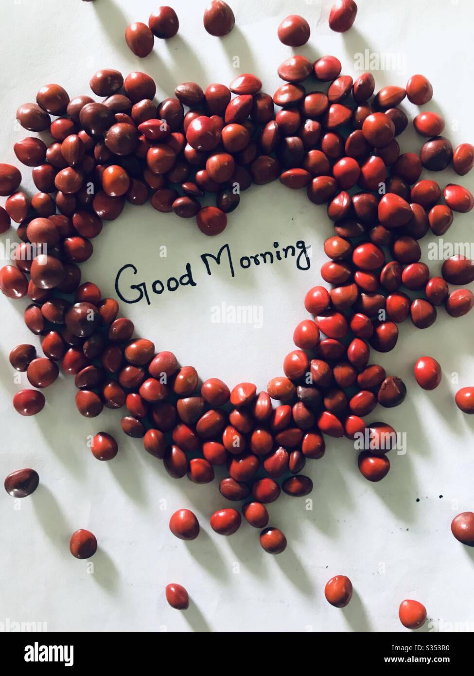 Adenanthera red beads in shape of heart with words Good Morning hand written, with white surface background. Morning message for friends,Manjadikuru in malayalam, dramatic look with multiple shades Stock Photo