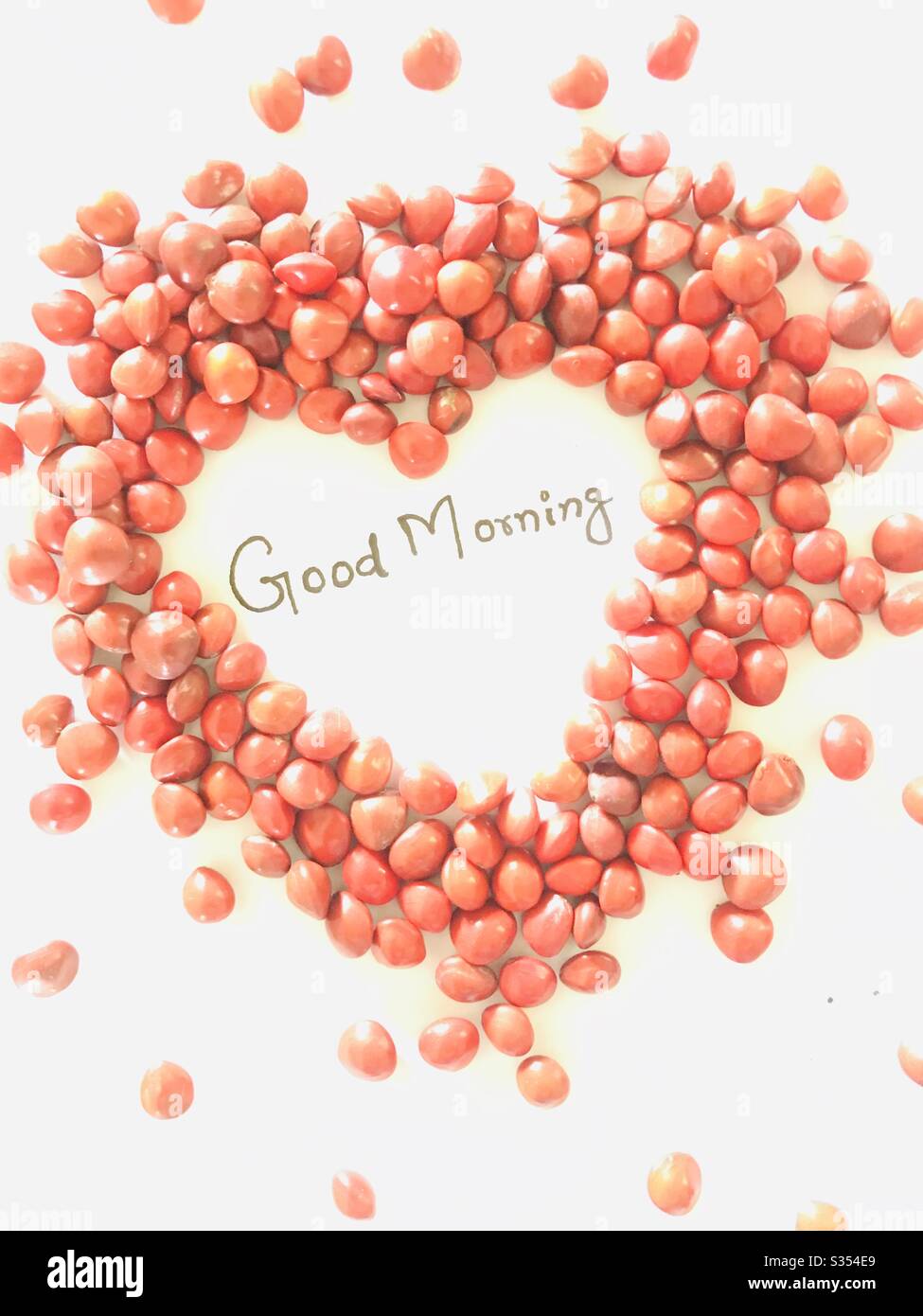 Adenanthera red beads in shape of heart with words Good Morning ...