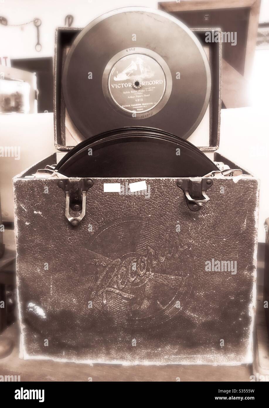 Antique, records, box holding records, history, collection, collector