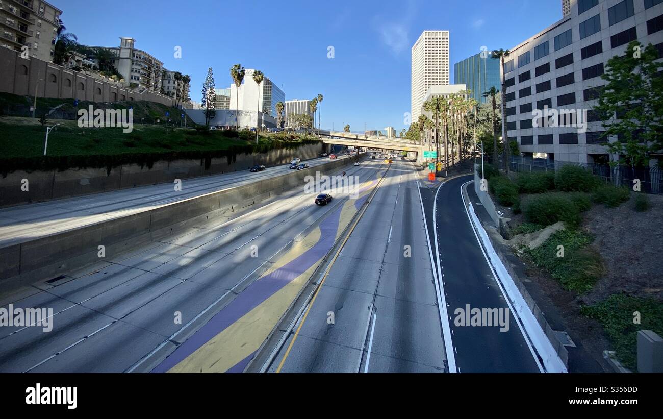 LOS ANGELES, CA, MAR 2020: California-110 Freeway through Downtown with light traffic during coronavirus, Covid-19 pandemic and 'stay at home' orders - Smartphone Captured Stock Image