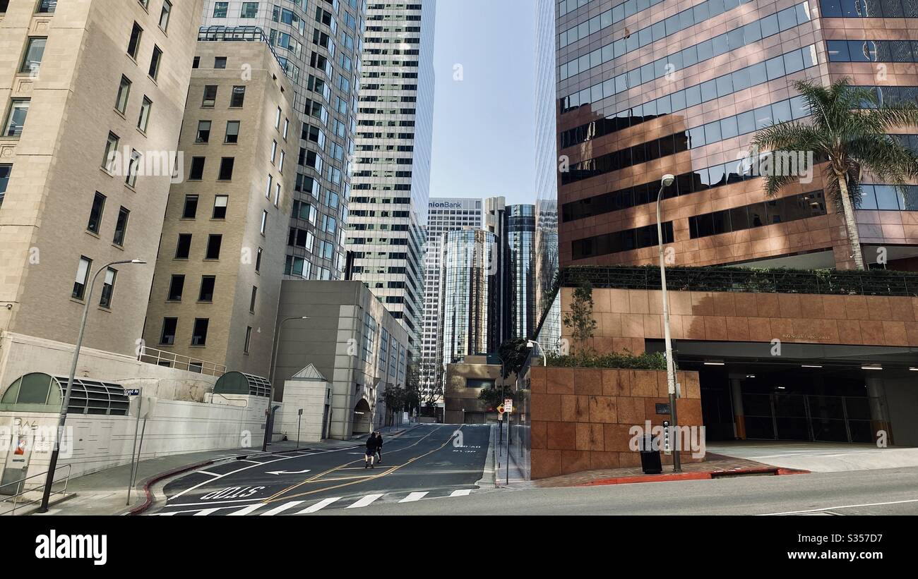 LOS ANGELES, CA, MAR 2020: bottom of skyscrapers and tall office buildings on Grand Blvd in the Financial District of Downtown - Smartphone Captured Stock Image