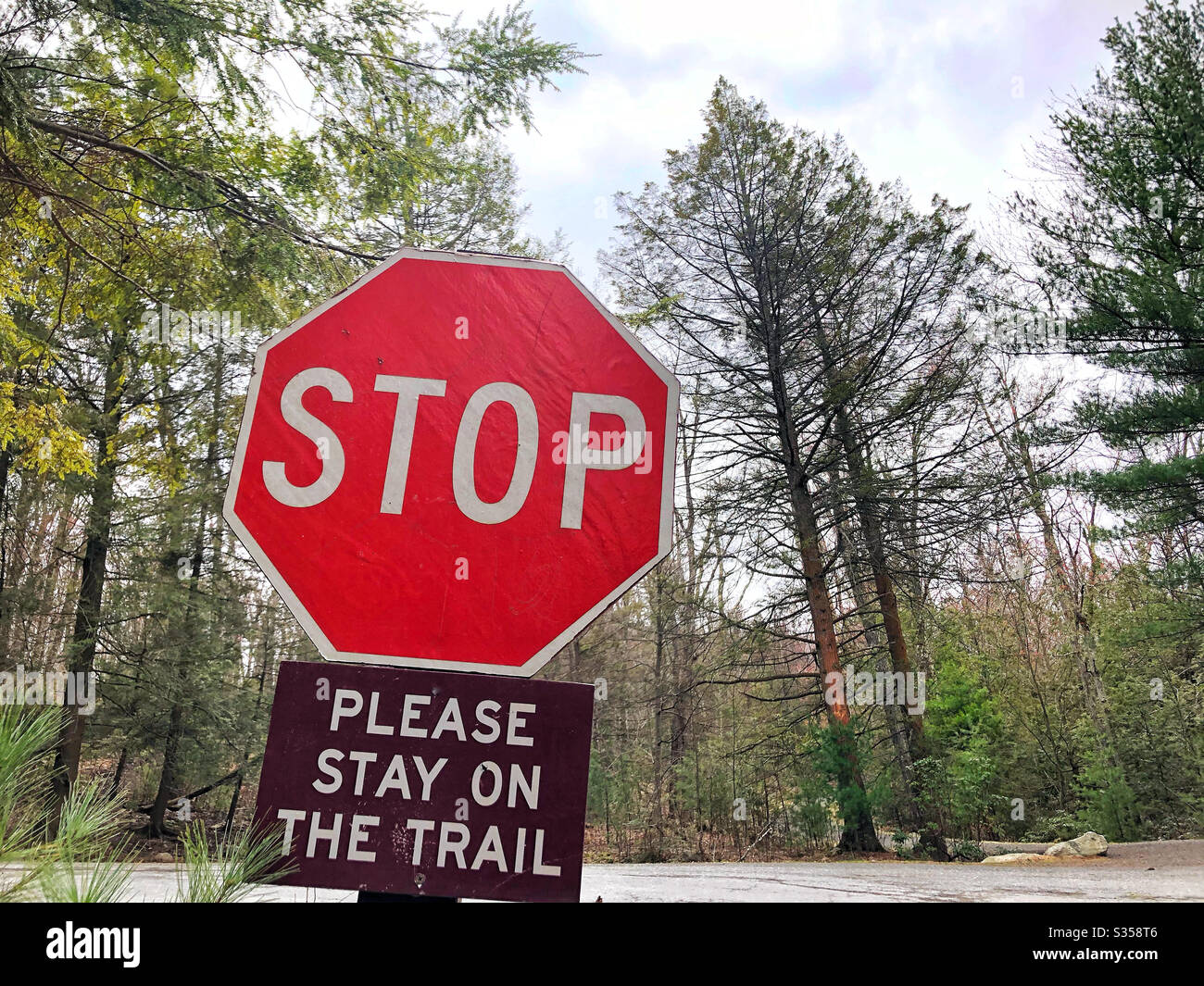 Stop sign with additional information to remain on existing trial, to stay the course - Smartphone Captured Stock Image