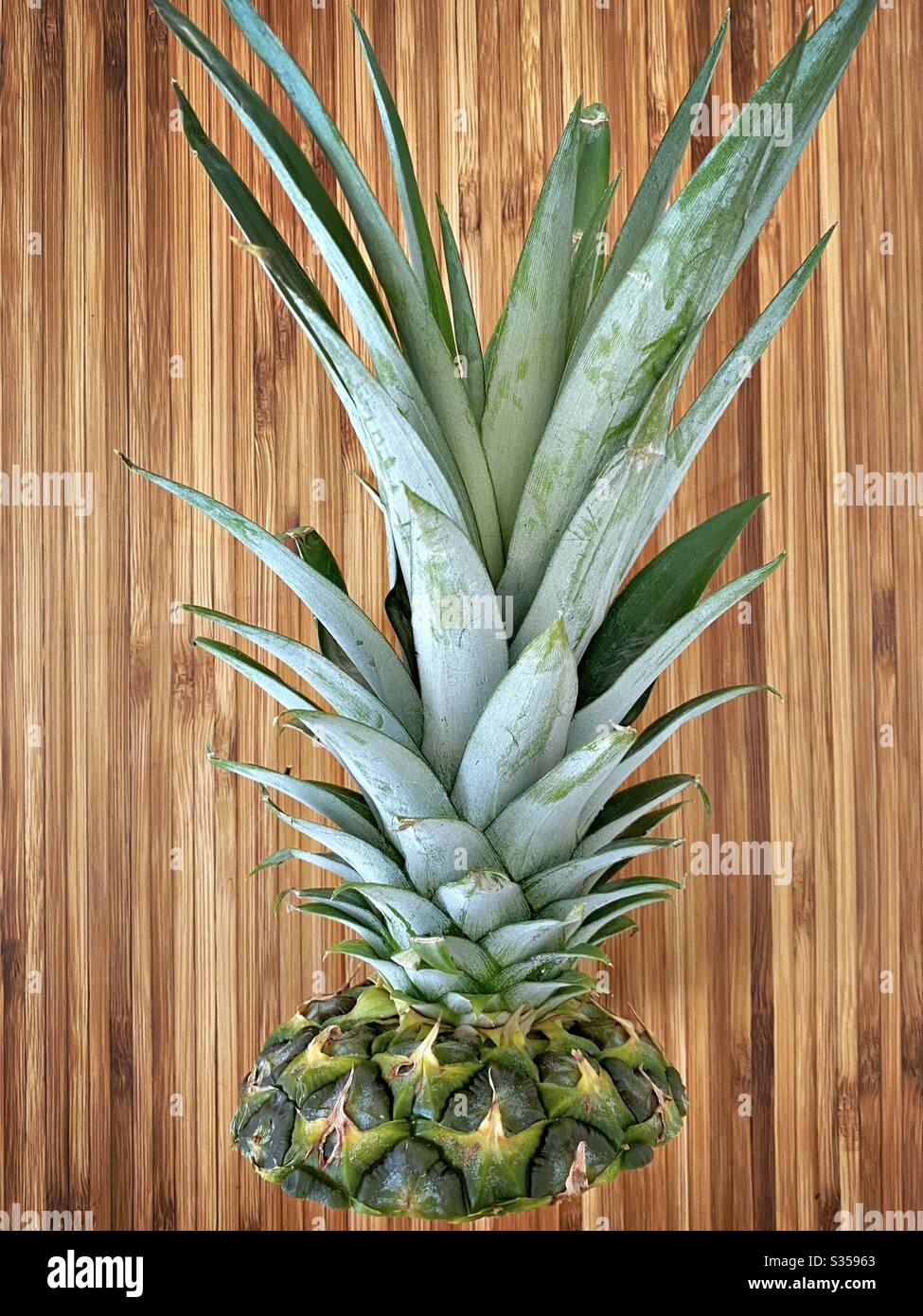 Preparing a whole pineapple in the kitchen. Fresh and ripe fruit preparation. Ingredients for homemade pineapple salsa. On a wooden chopping board - Smartphone Captured Stock Image