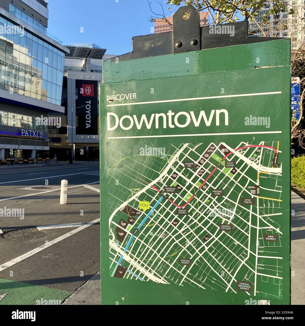 LOS ANGELES, CA, MAR 2020: close view Discover Downtown map on display in South Park Area, near LA Live and Staples Center sports and entertainment venues Stock Photo