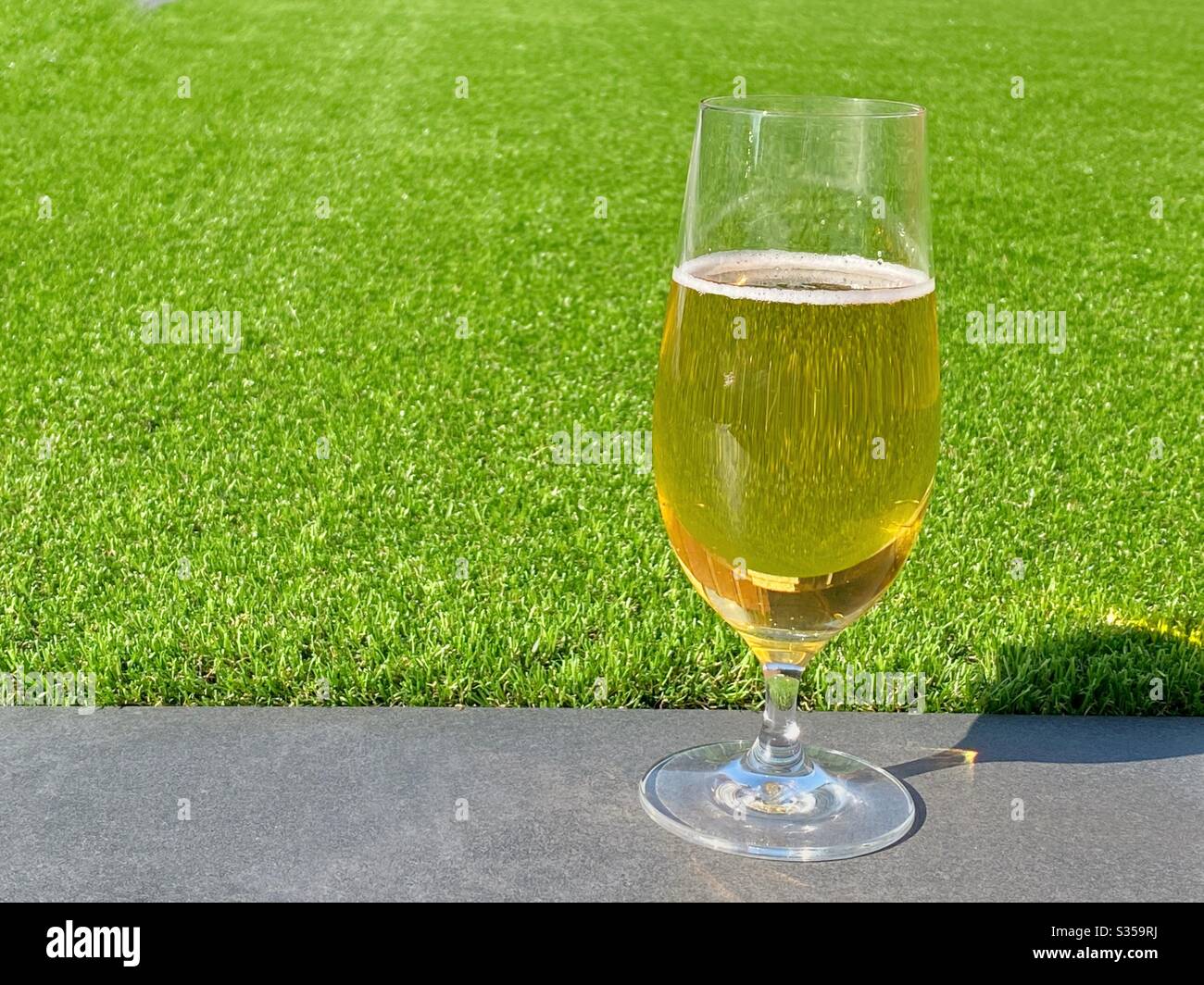 Glass of golden lager beer on a garden wall against a background of short grass on a lawn Stock Photo