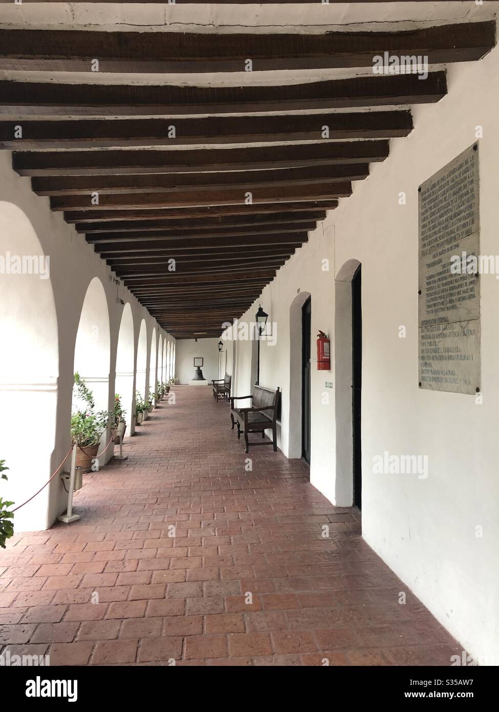 Empty walkway of a Spanish Colonial building in Salta, Argentina. Stock Photo