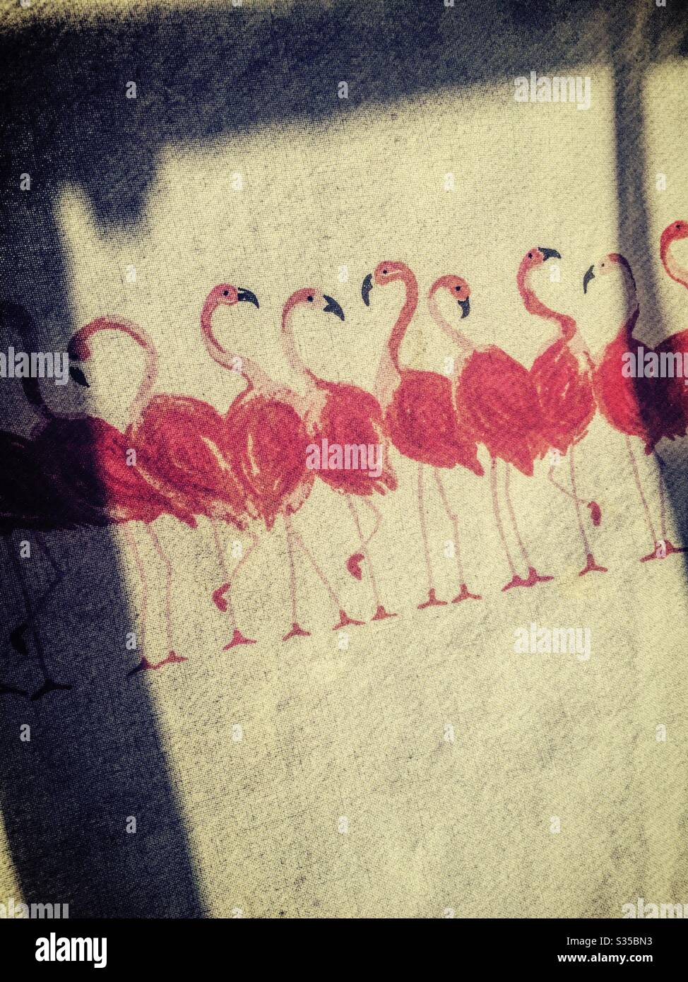 A fun festive cloth apron with pink flamingo pattern, USA - Smartphone Captured Stock Image