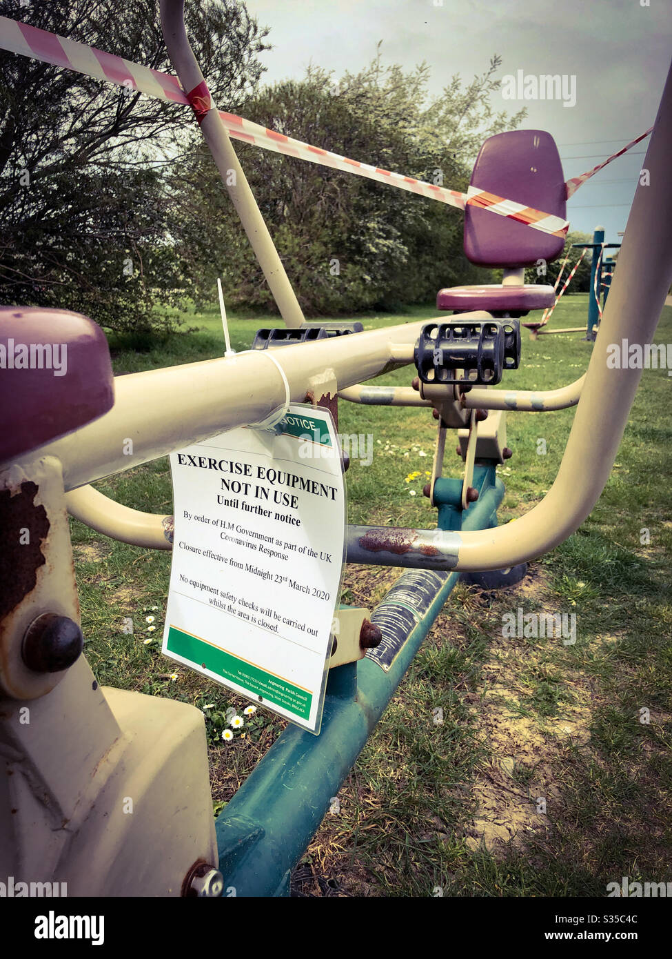 Exercise equipment taped off to prevent use during lockdown. April 2020 - Smartphone Captured Stock Image