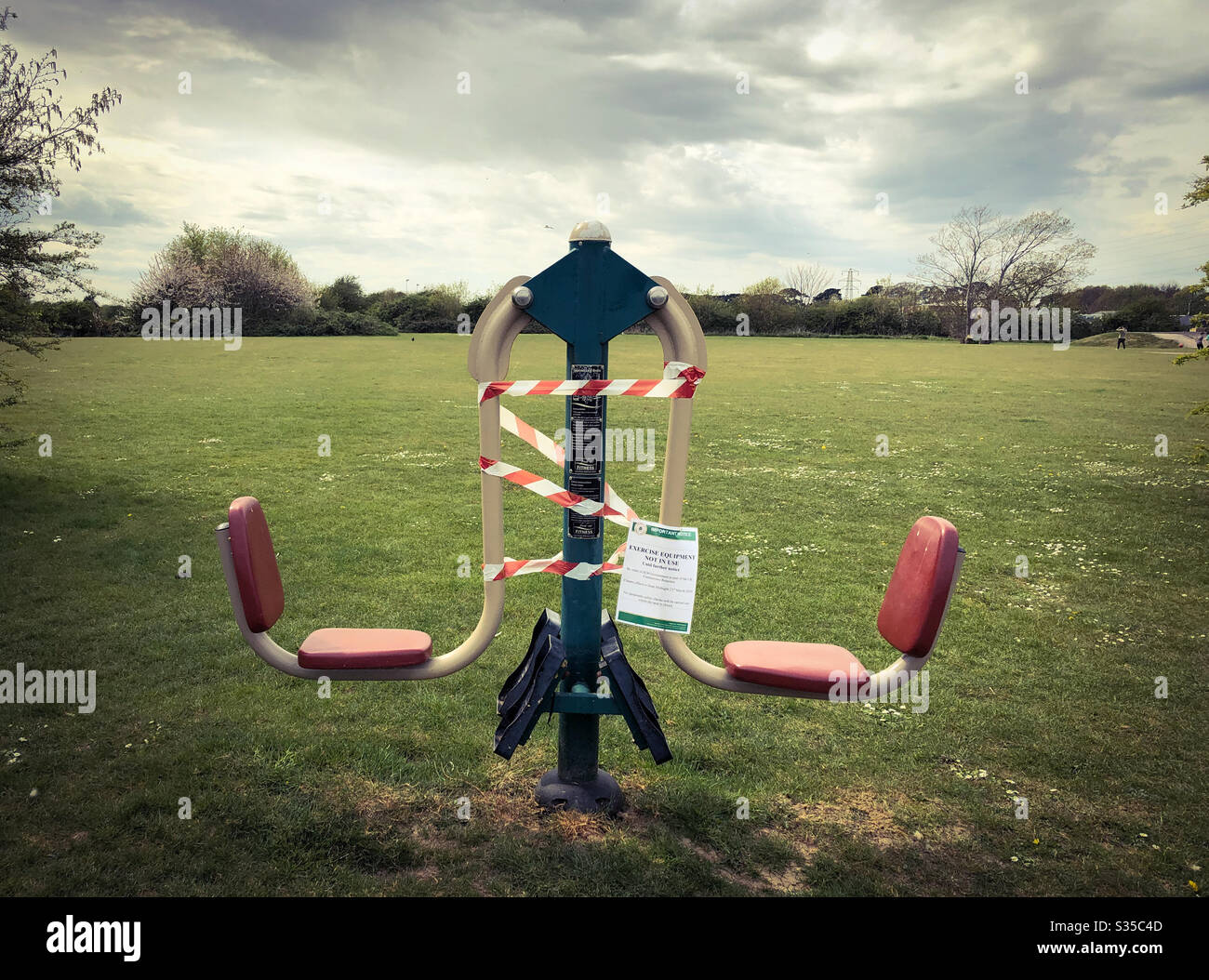 Exercise equipment taped off during lockdown. April 2020 - Smartphone Captured Stock Image