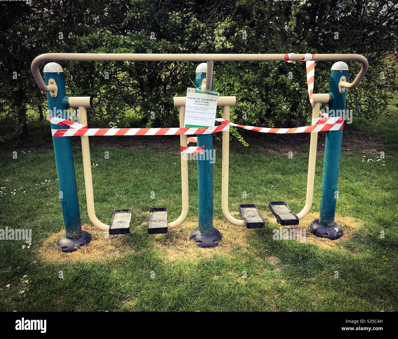 Exercise equipment taped off during lockdown. April 2020 - Smartphone Captured Stock Image
