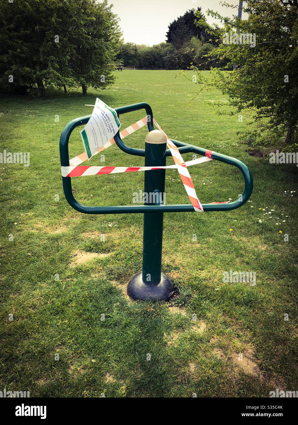 Exercise equipment taped off during lockdown. April 2020 - Smartphone Captured Stock Image