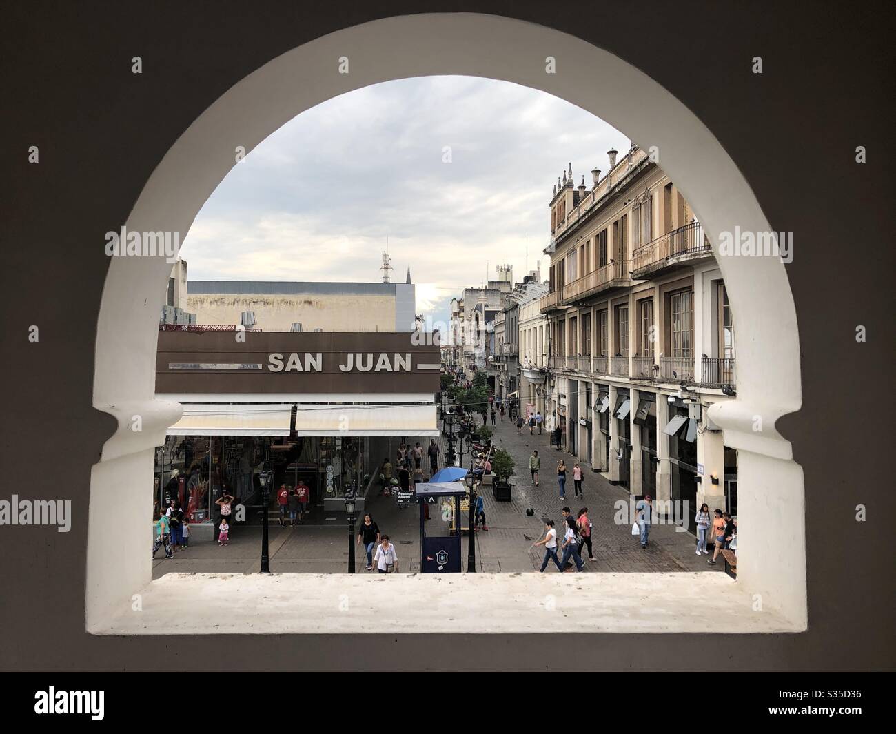 Picture window view in downtown Salta, Argentina. Stock Photo
