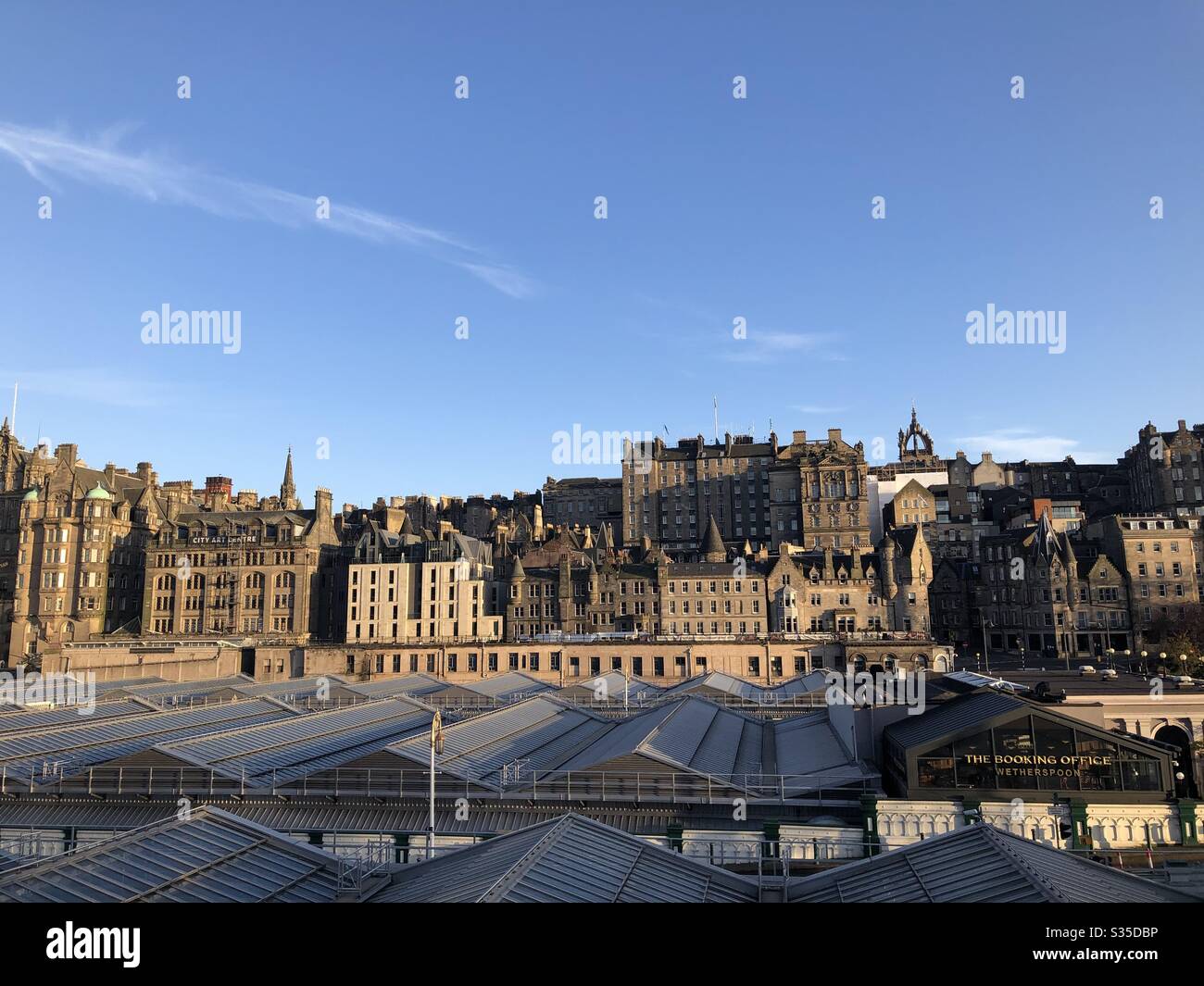 View of Edinburgh Old Town and Waverley Railway Station, April 2020 Stock Photo