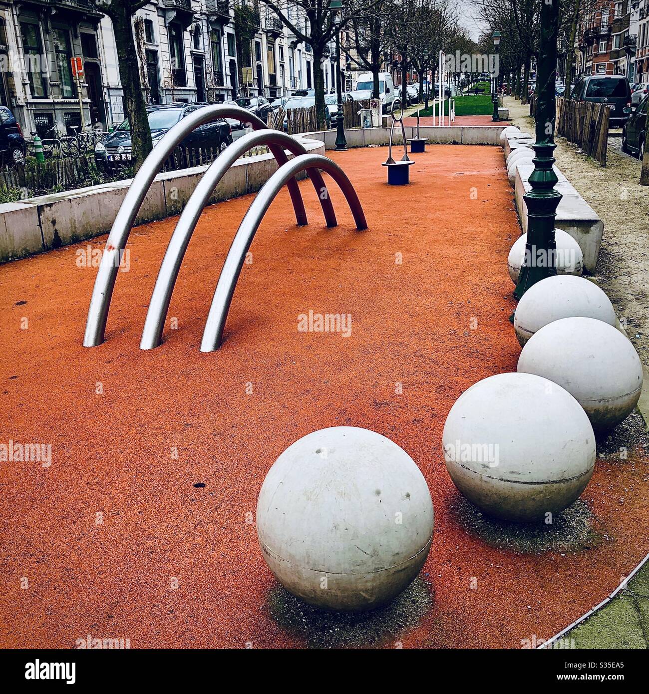 Playground area in center of city street - Avenue du quoi, Saint Gilles, Brussels, Belgium. - Smartphone Captured Stock Image