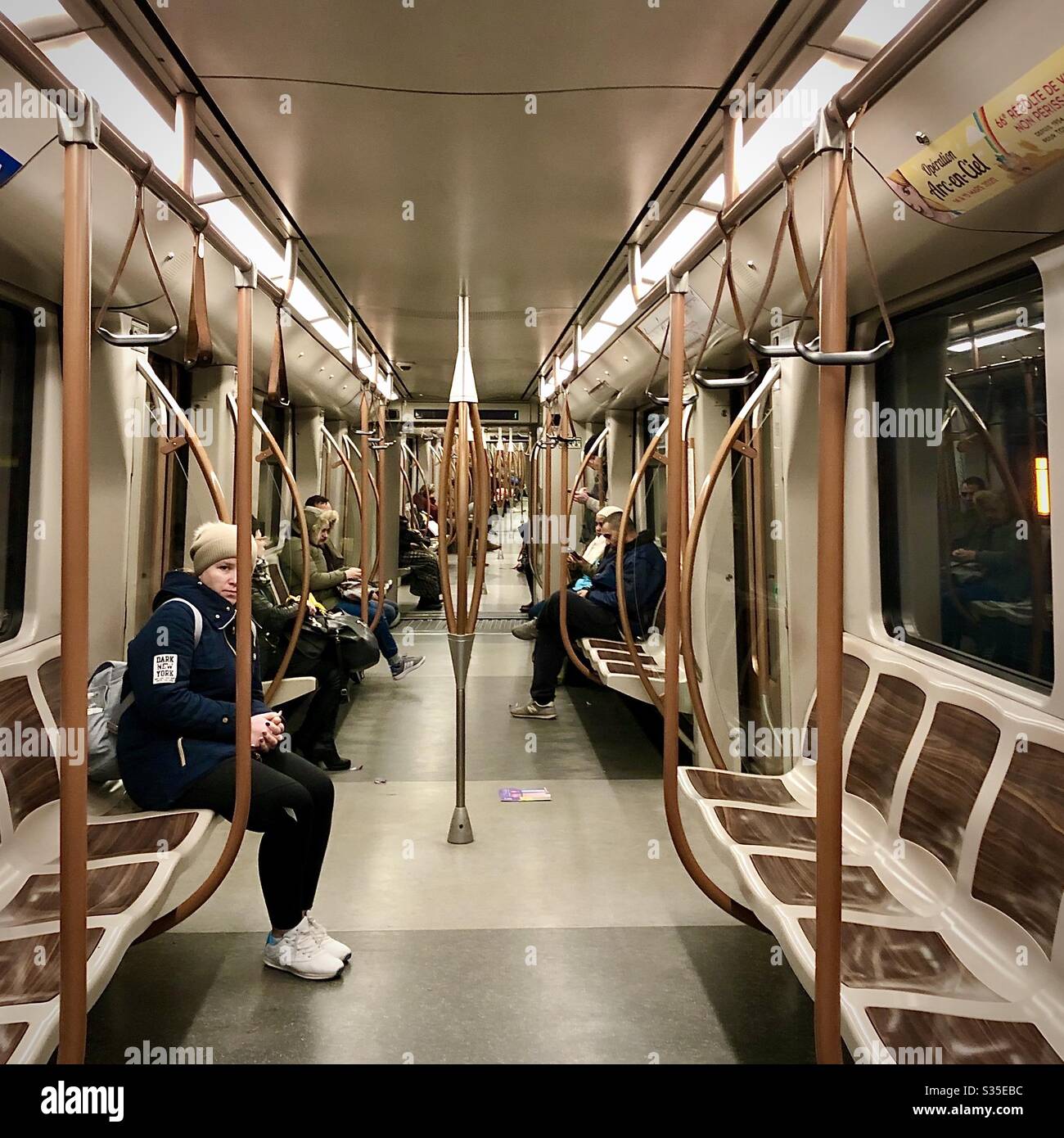Social distancing on underground metro train in Brussels, Belgium. Stock Photo