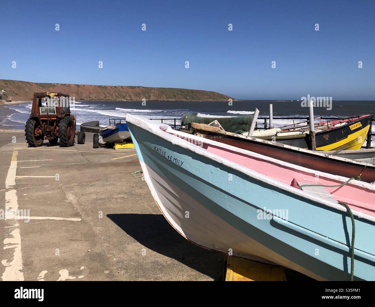 Coble Landing, Filey on a bright, sunny day at high tide - Smartphone Captured Stock Image