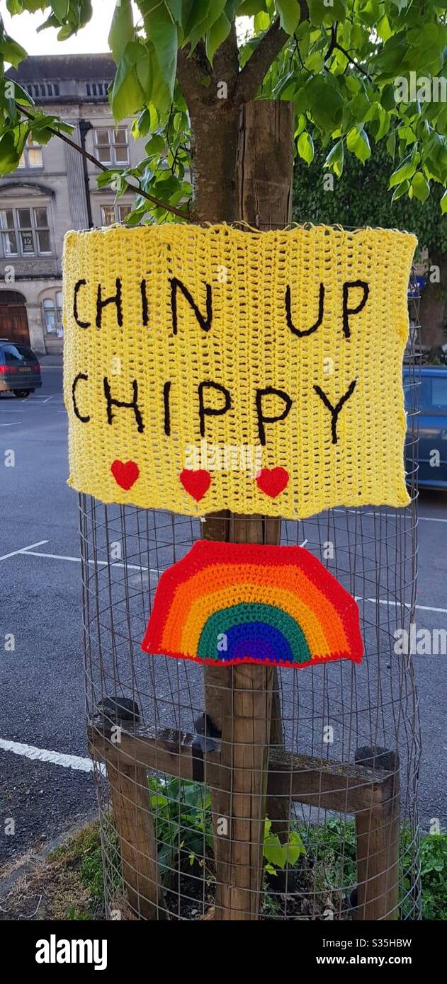 Yarn bomber boosting moral during lockdown - Smartphone Captured Stock Image