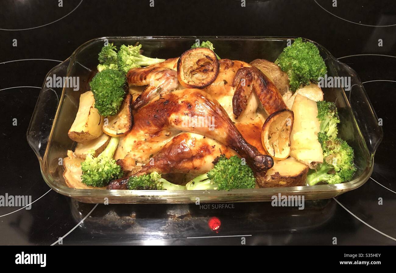 Spatchcocked roasted chicken in a baking dish. - Smartphone Captured Stock Image