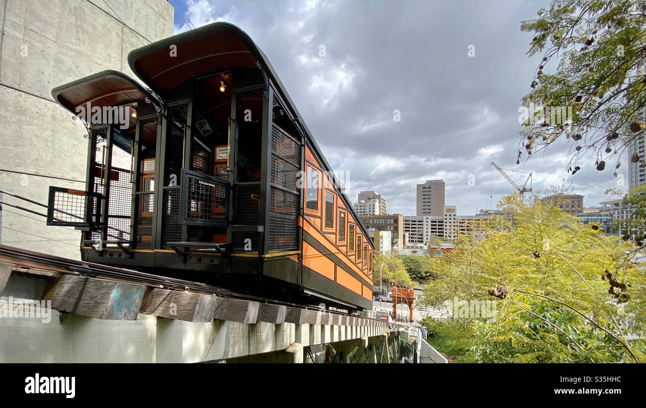 LOS ANGELES, CA, APR 2020: rail cars parked on Angels Flight funicular railway, looking down from Financial District in Downtown. Railway closed during coronavirus pandemic - Smartphone Captured Stock Image