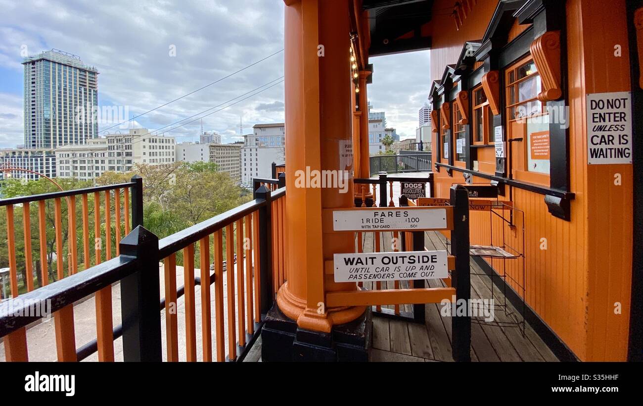LOS ANGELES, CA, APR 2020: California Plaza station of Angels Flight funicular railway, looking south, in Downtown Financial District. Railway closed during coronavirus pandemic - Smartphone Captured Stock Image