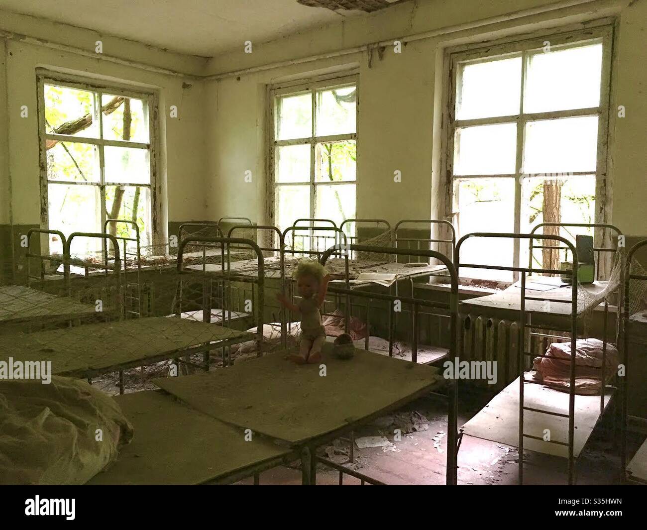 Chernobyl Ukraine dormitory in a public school room after the nuclear disaster in 1986 Stock Photo