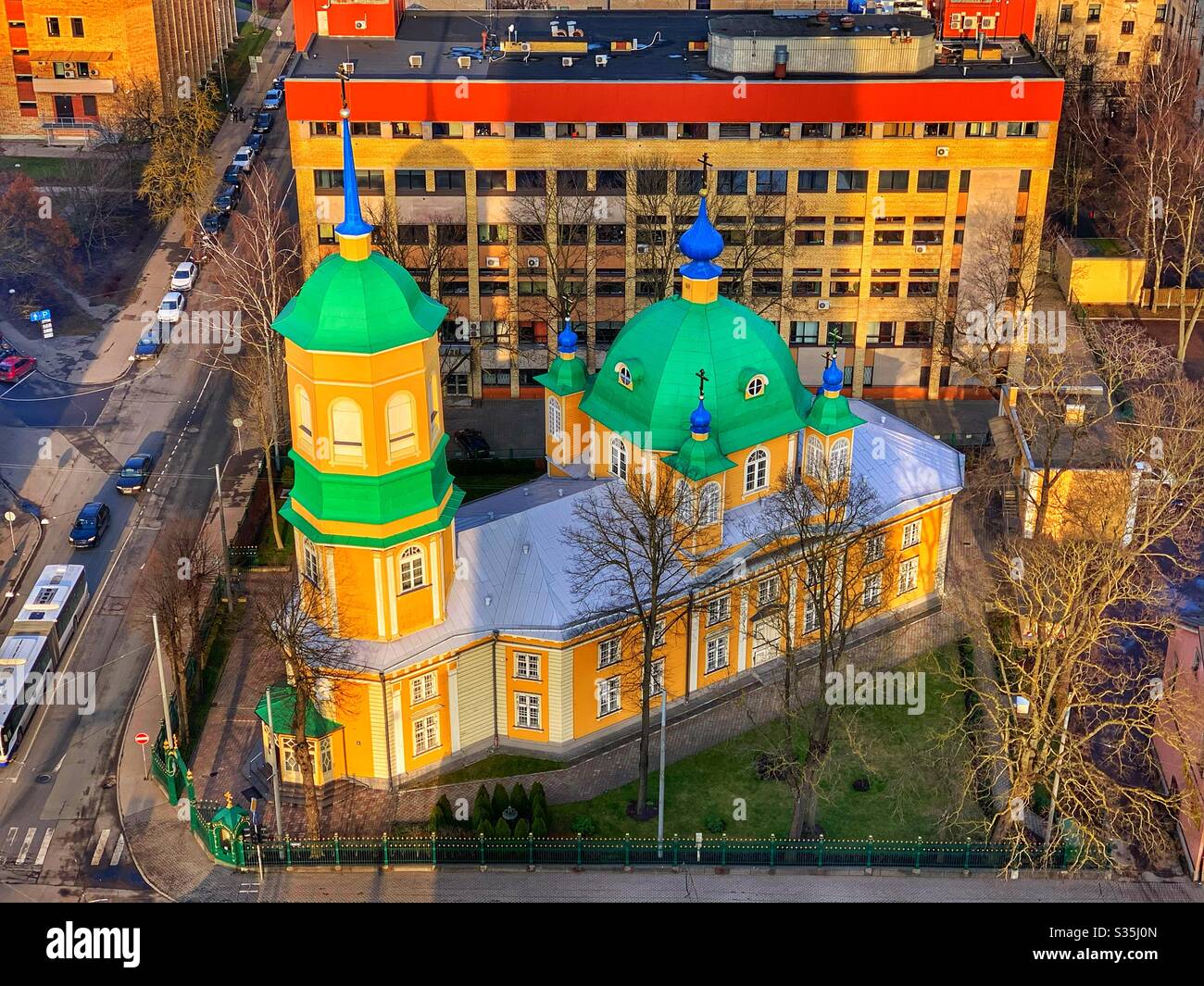 Orthodox Church from above in Riga, Latvia. Green domed roof. - Smartphone Captured Stock Image