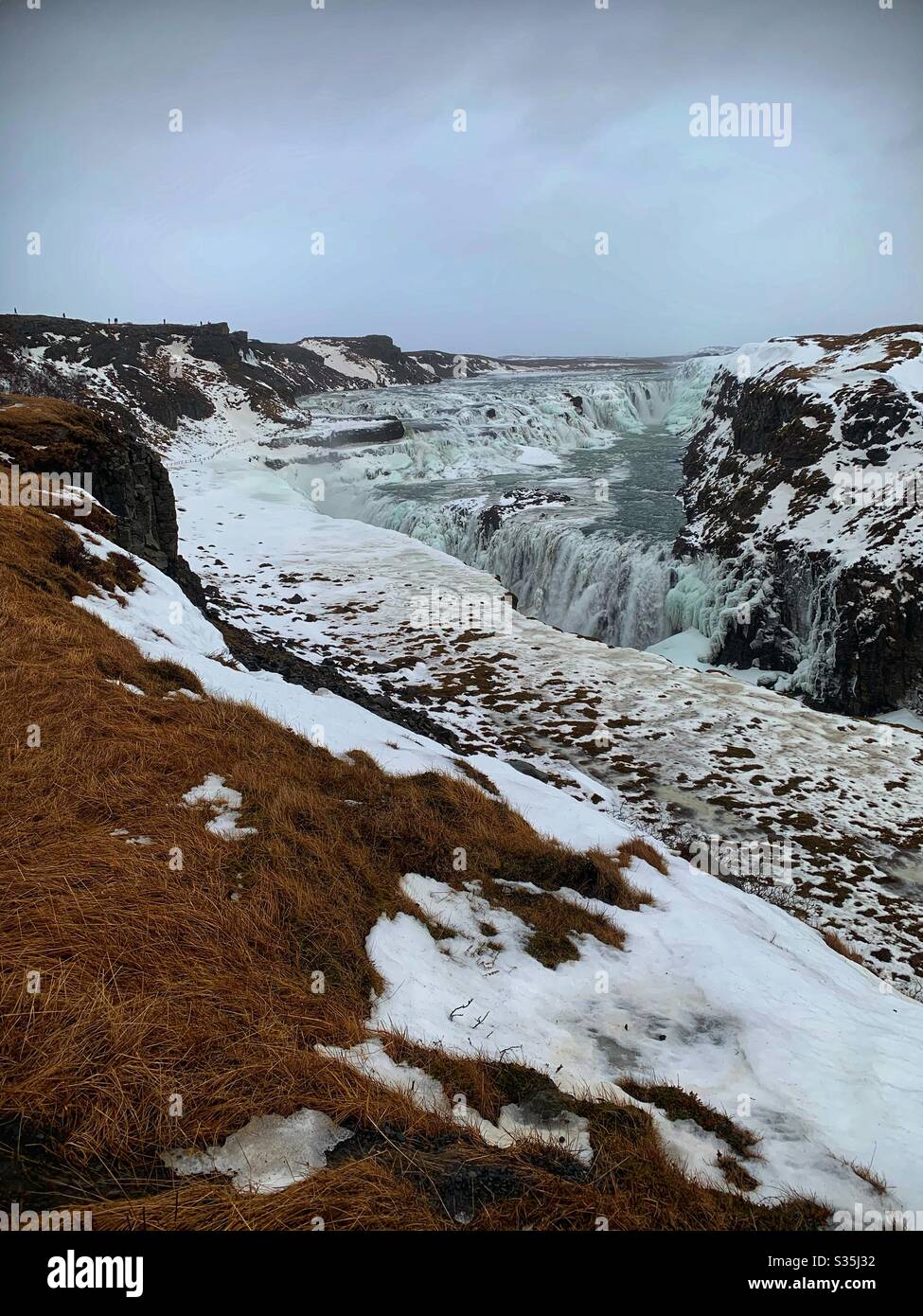 Gullfoss Waterfall, Iceland. A huge waterfall in a snowy valley. - Smartphone Captured Stock Image