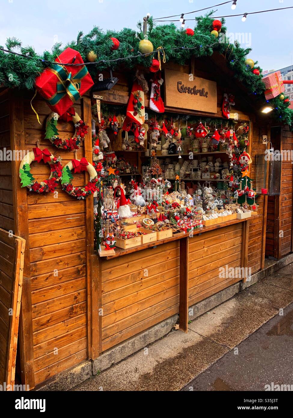 Christmas Market log cabin in Bulgaria, Sofia. - Smartphone Captured Stock Image