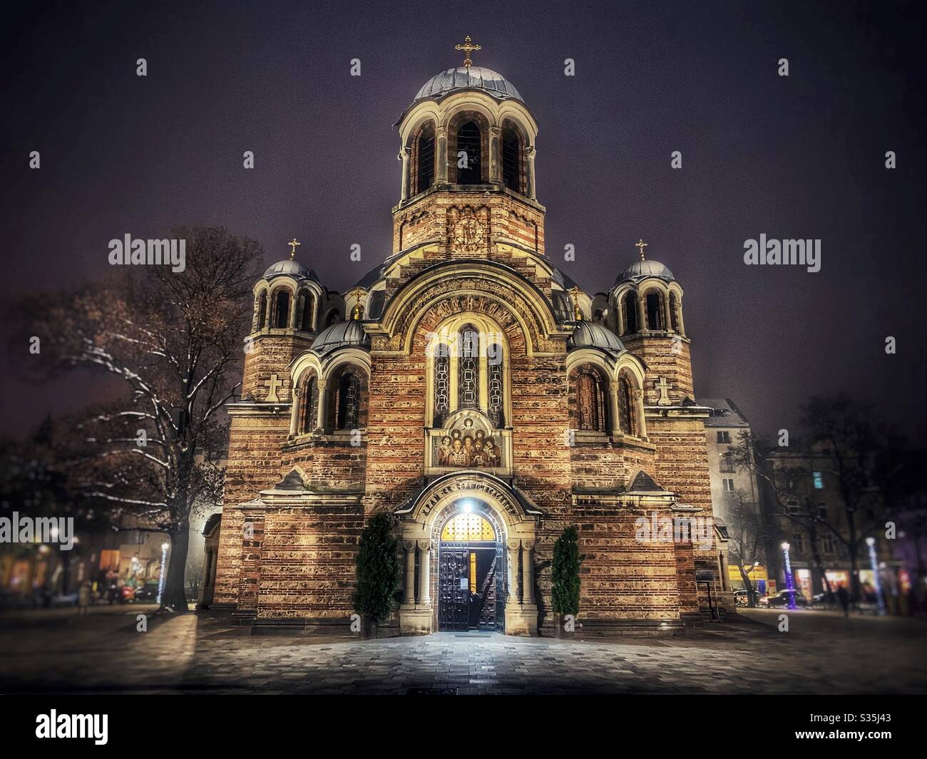 Seven Saints Church, Sofia lit up at Blue Hour. Beautiful building. - Smartphone Captured Stock Image