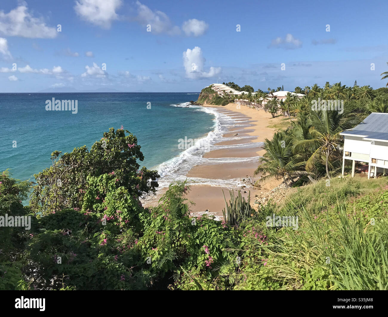 Scenic beach front view of Curtain Bluff Resort in St. Mary’s, Antigua, West Indies, Caribbean. - Smartphone Captured Stock Image