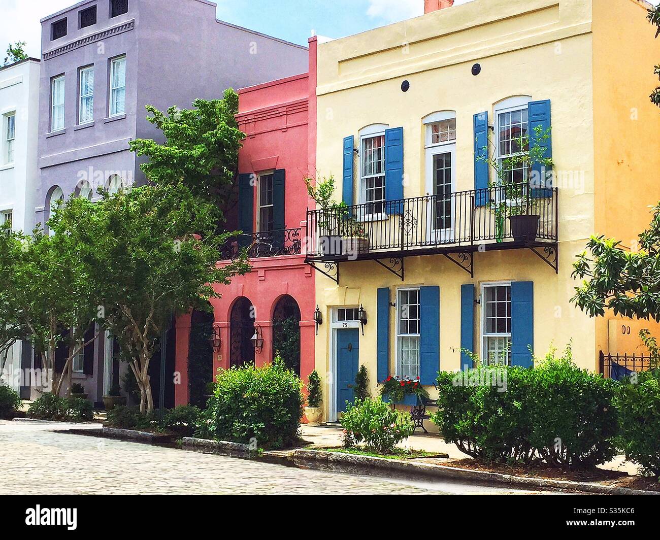 Rainbow row in Savannah famous for colors of homes Stock Photo