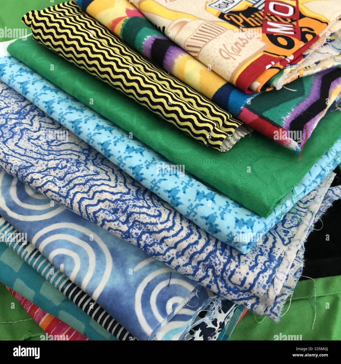Stack of fabrics ready for mask making for personal protection - Smartphone Captured Stock Image
