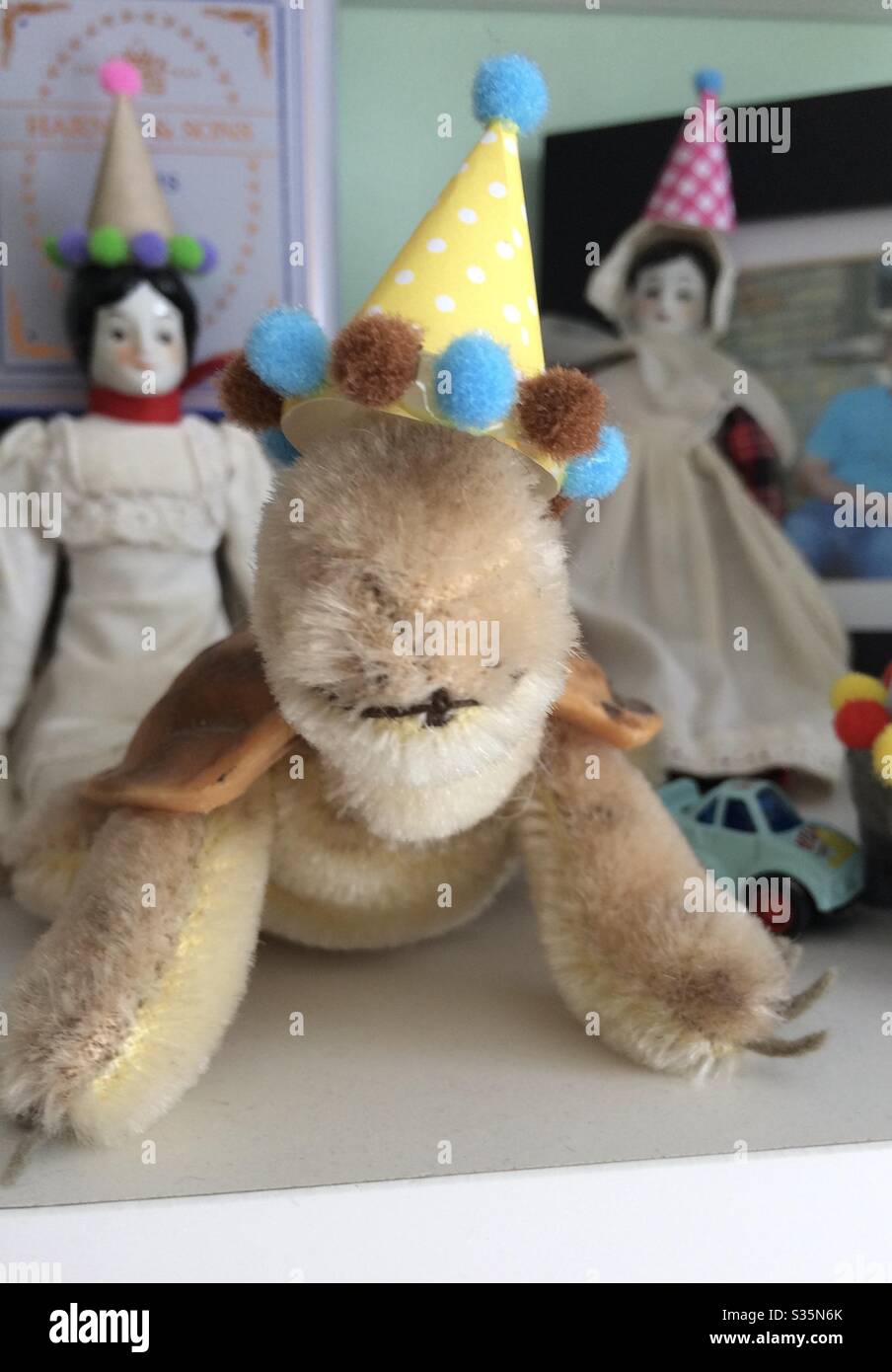 Turtle stuffed animal in a party hat Stock Photo