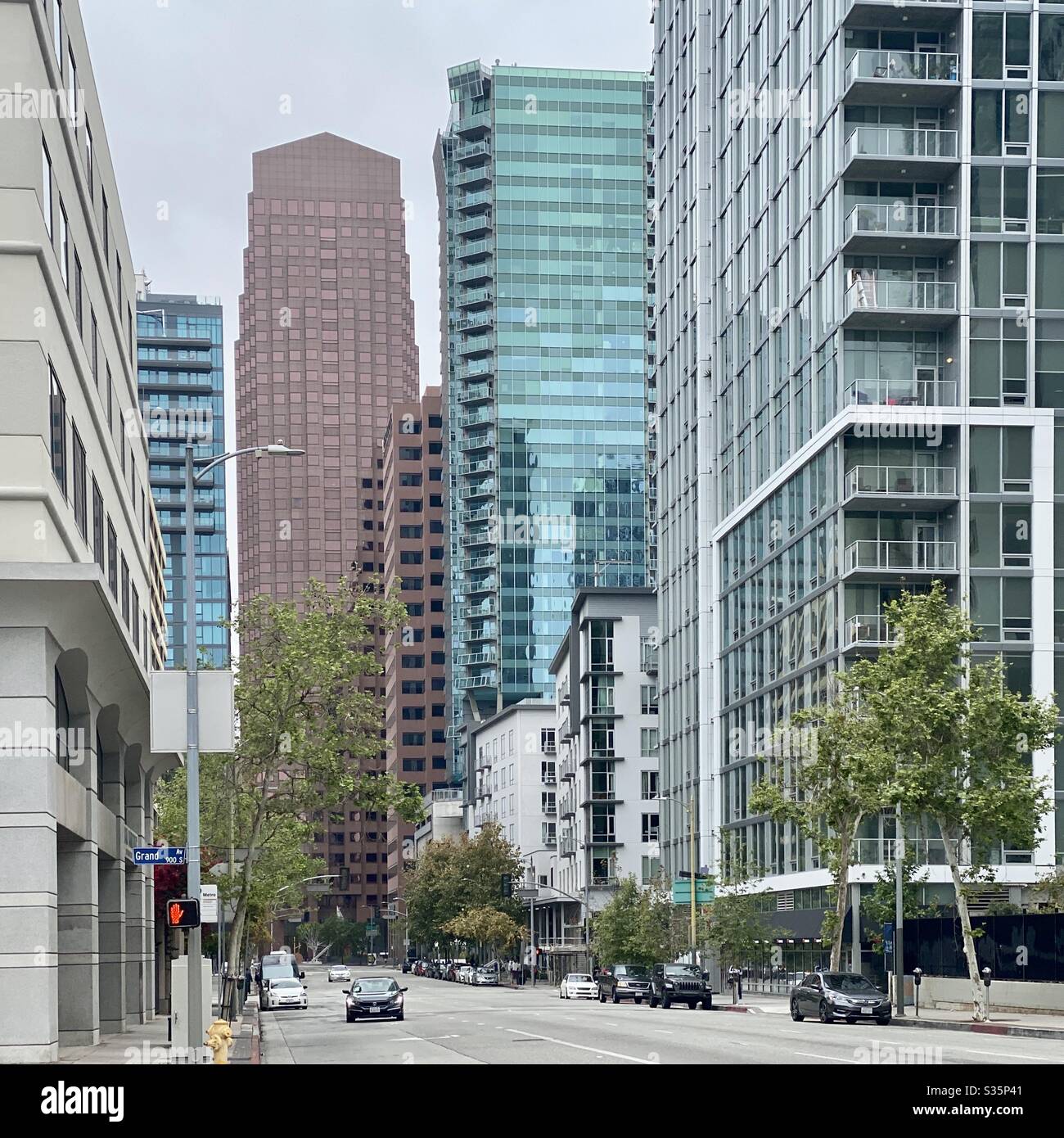 LOS ANGELES, CA, APR 2020: light traffic near the financial district, Downtown, on an overcast day with apartment buildings and office skyscraper filling the skyline. - Smartphone Captured Stock Image