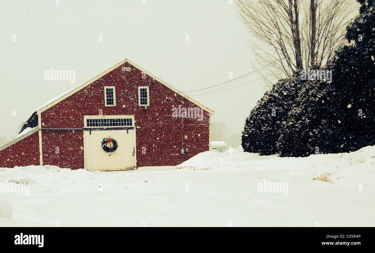 Rural farmhouse and barn during a snowstorm with a holiday wreath on the door. - Smartphone Captured Stock Image