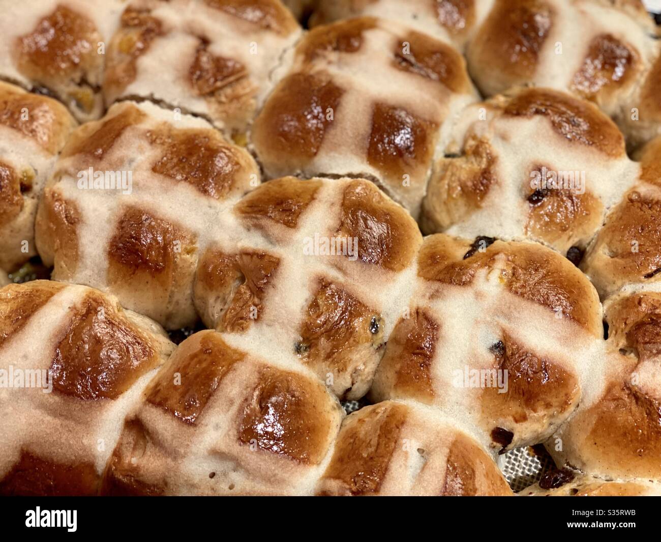 Overhead view, detail of freshly baked, fruit-filled Hot Cross Buns, cooling on a rack. Traditional Good Friday / Easter baked goods. Stock Photo