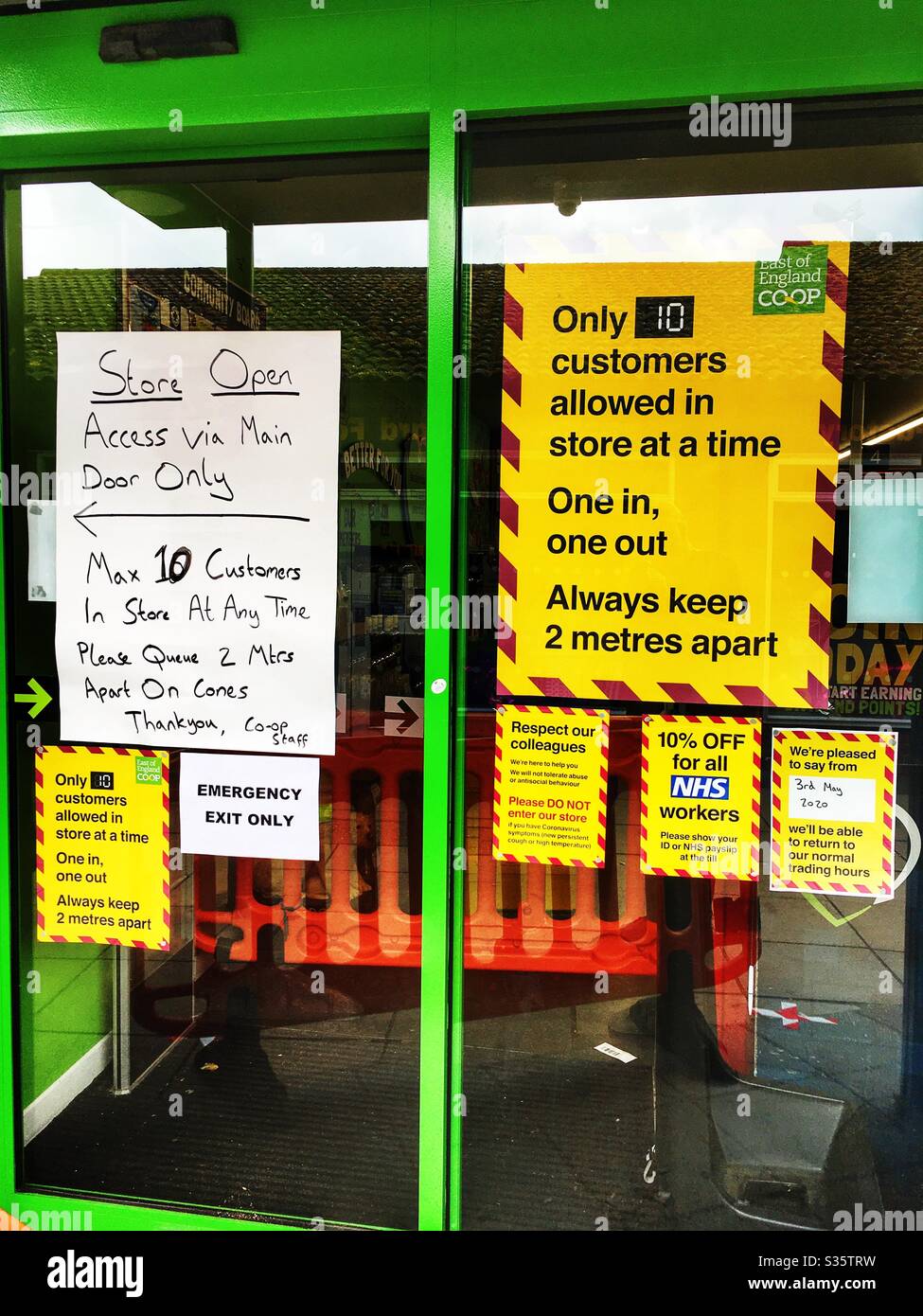 East of England Coop supermarket Coronavirus emergency measures Stock Photo
