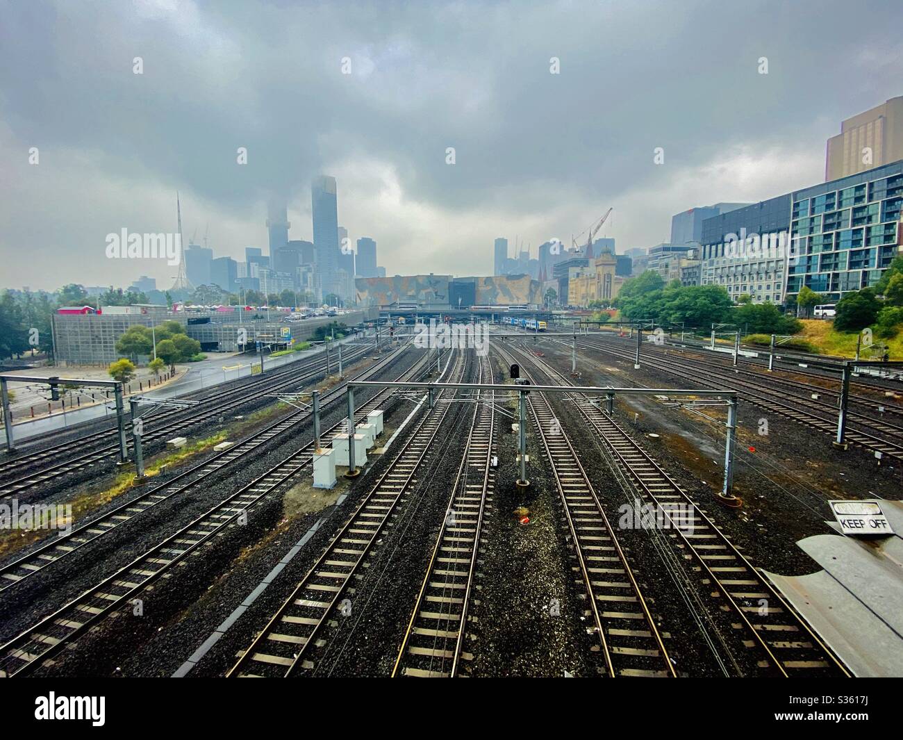 Train tracks leading into downtown Melbourne, Australia - Smartphone Captured Stock Image