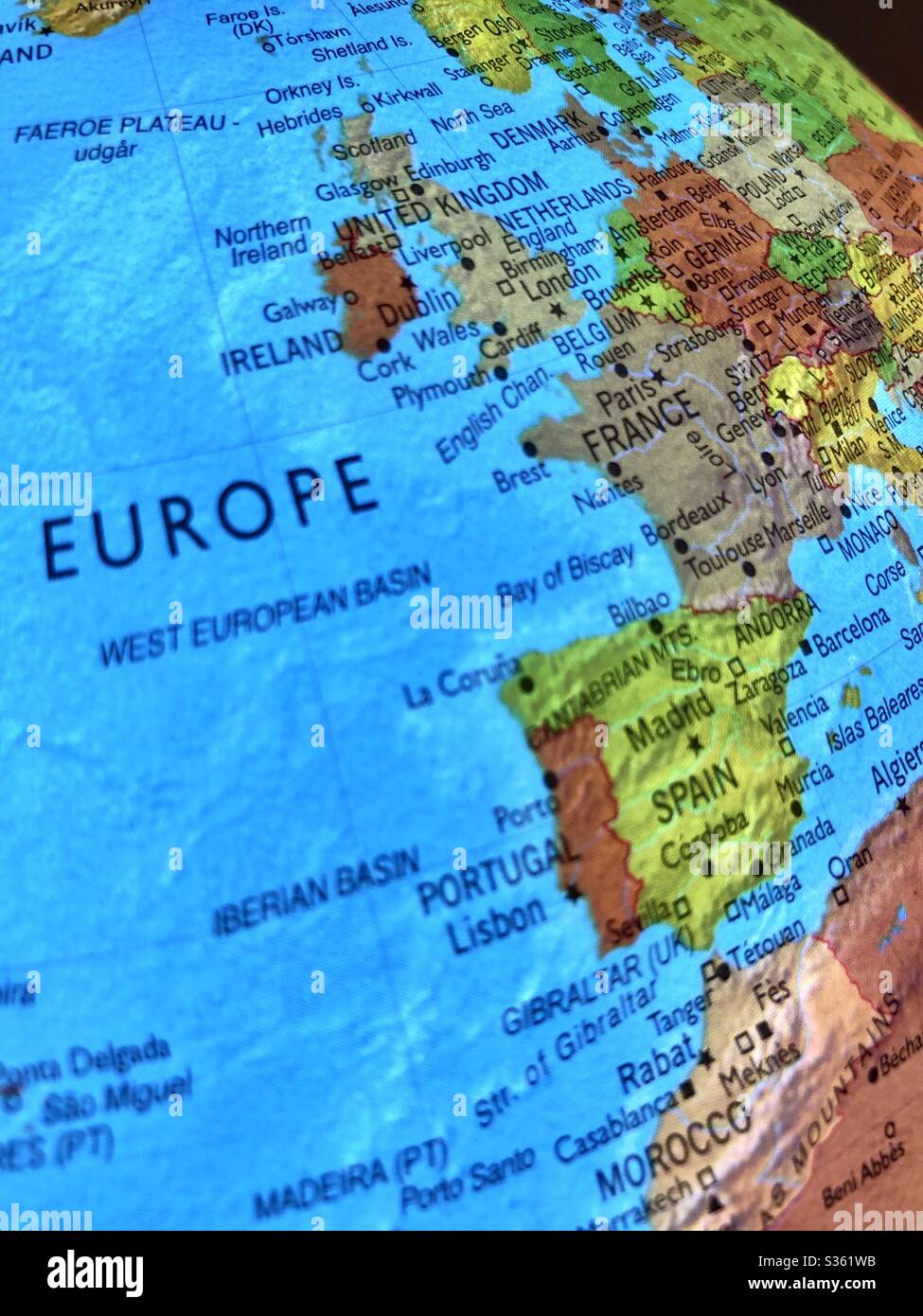 Map of Western Europe on a globe Stock Photo
