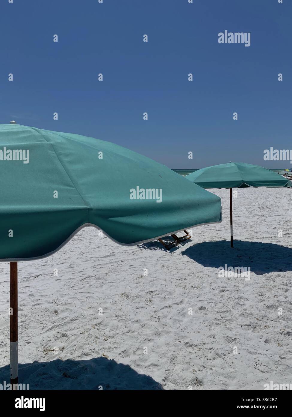 Green umbrellas on white sand beach - Smartphone Captured Stock Image
