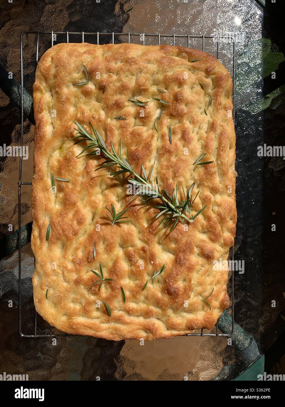 Shot from above a freshly baked home made focaccia with rosemary sitting on a cake rack and a glass topped table. Made during Covid lockdown - Smartphone Captured Stock Image